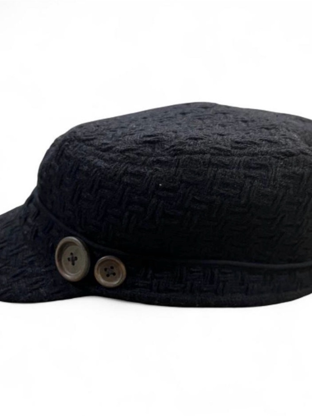 Black Textured Wool Newsboy Cap with Button Detail